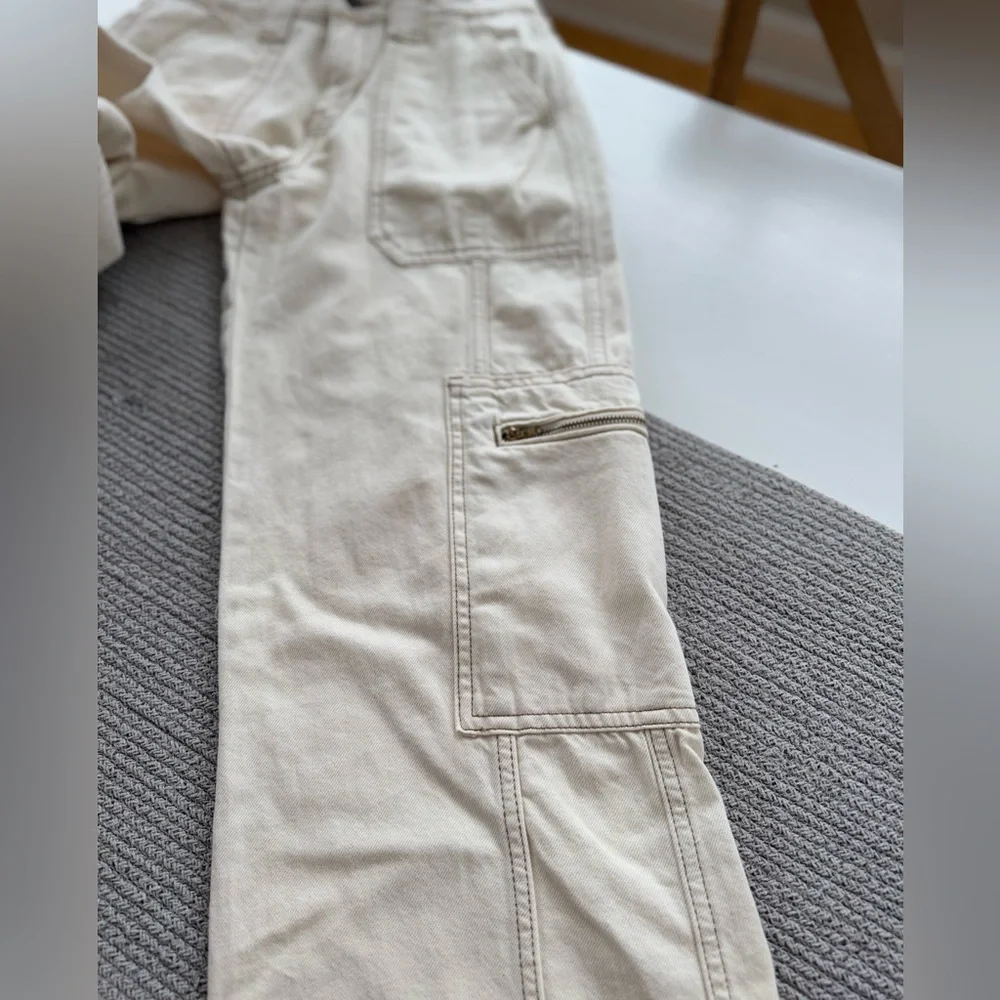 Wild Fable Ecru Ivory Cream High Rise Cargo Pants Wide Leg Denim Jeans Sz 00